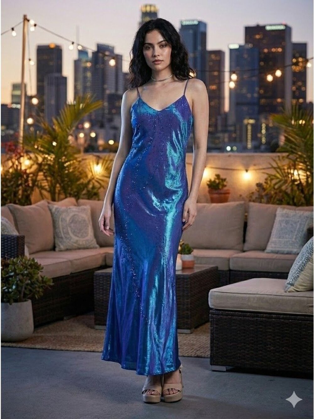 Vintage Y2K Niki Womens Size 6 Blue Purple Iridescent Beaded Prom Gown Dress